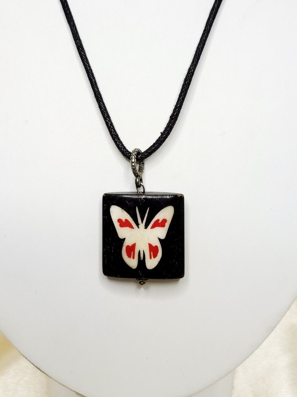 Indonesian Wood Bone Butterfly Pendant Cord Choker Necklace 18" Extender Boho